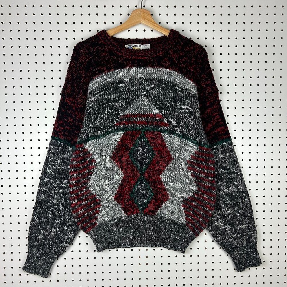 Abstract Colorful Knit Sweater‎ Large Grandpa 90s Gray Red Mr Cosby COOGI STYLE